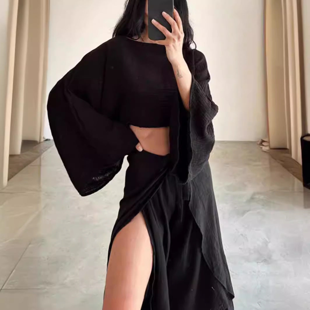 Damset – Linneblandning – Vidärmad Kort Top – Vida Byxor med Volang – Avslappnad Passform