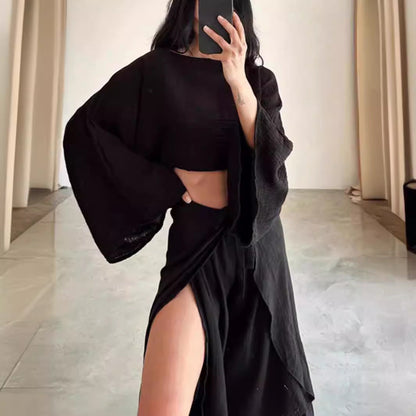 Damset – Linneblandning – Vidärmad Kort Top – Vida Byxor med Volang – Avslappnad Passform