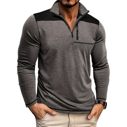 Herrtröja – Slim Fit – Mjukstickad – Halvdragkedja – Kontrastpanel – Lång ärm