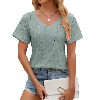Dam T-shirt – Avslappnad Passform – V-ringning – Öglemönster – Kort Ärmslut