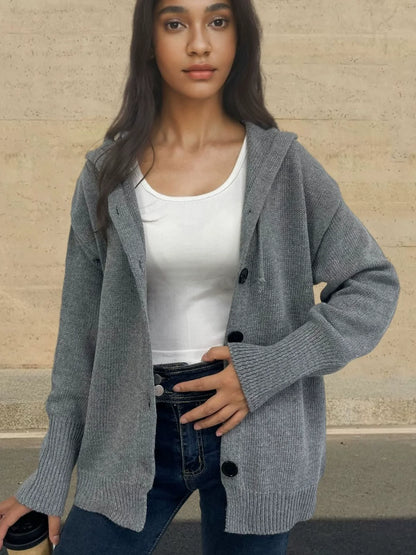 Damtröja med huva – Stickad – Avslappnad passform – Knäppning fram – Ribbad kant