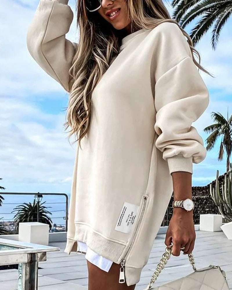 Damklänning Stickad – Oversize Passform – Rund Hals – Dragkedjedetalj – Ribbade Muddar