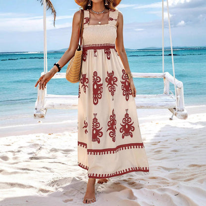 Damklänning maxi – axelbandslös omlottliv – luftig passform – tryckt mönster