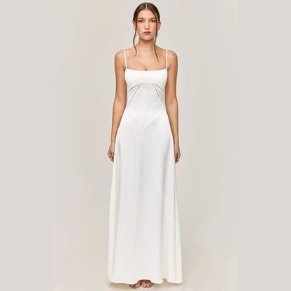 Damklänning – Slim Fit – A-linjeformad – Spagettiband – Spetsdetaljer – Midi