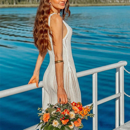 Damklänning – Stickad Ärmlös – Figurnära Passform – Öppen Rygg – Ankellång