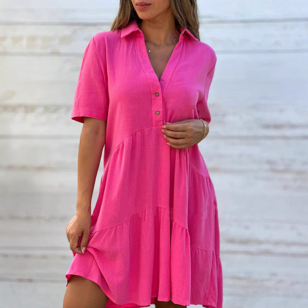 Damklänning – Swingmodell – Kort ärm – Knälång – Naturliga fibrer – Knäppning fram