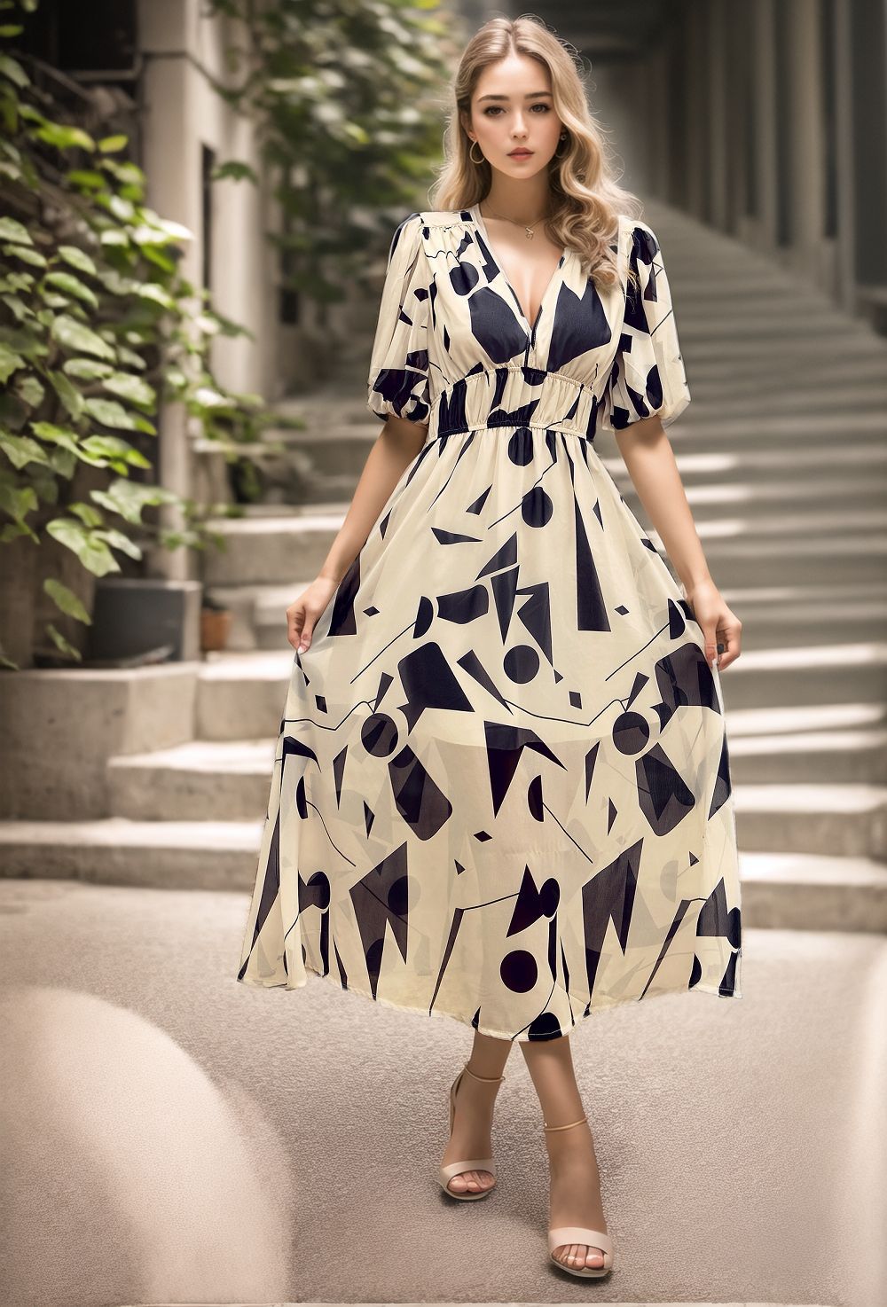 Damklänning Midi – Figursydd Midja – V-ringning – Puffärmar – Andningsbar Mix – Mönstrad