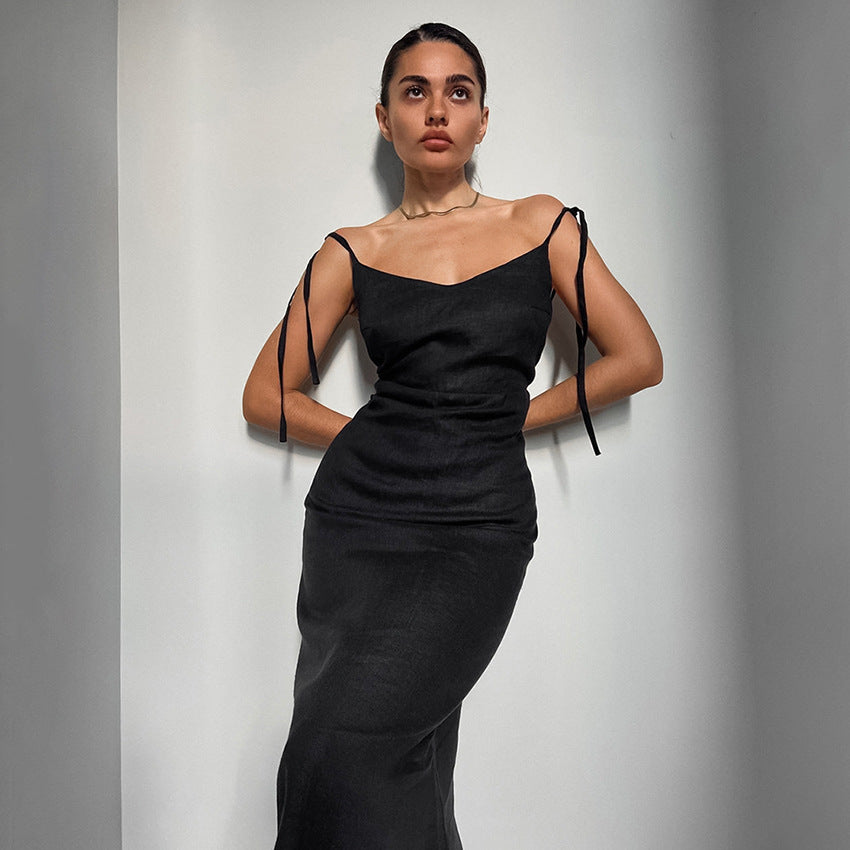 Damklänning – A-linjeformad passform – Justerbara axelband – Hellång – Bomull/linne