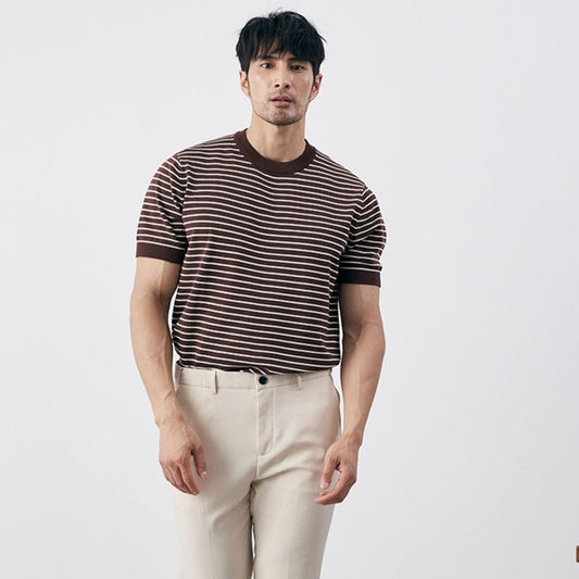 Herr T-shirt – Slim Fit – Stickad Bomullsblandning – Horisontella Ränder