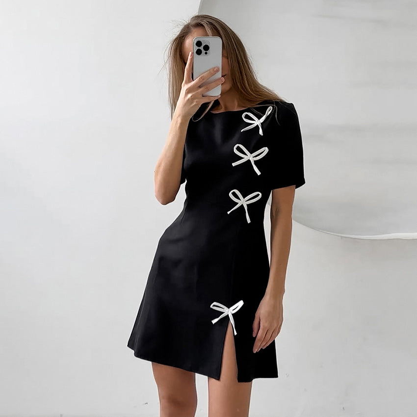 Damklänning A-linje – Kortärmad – Rund halsringning – Rosett – Mini elegant stil