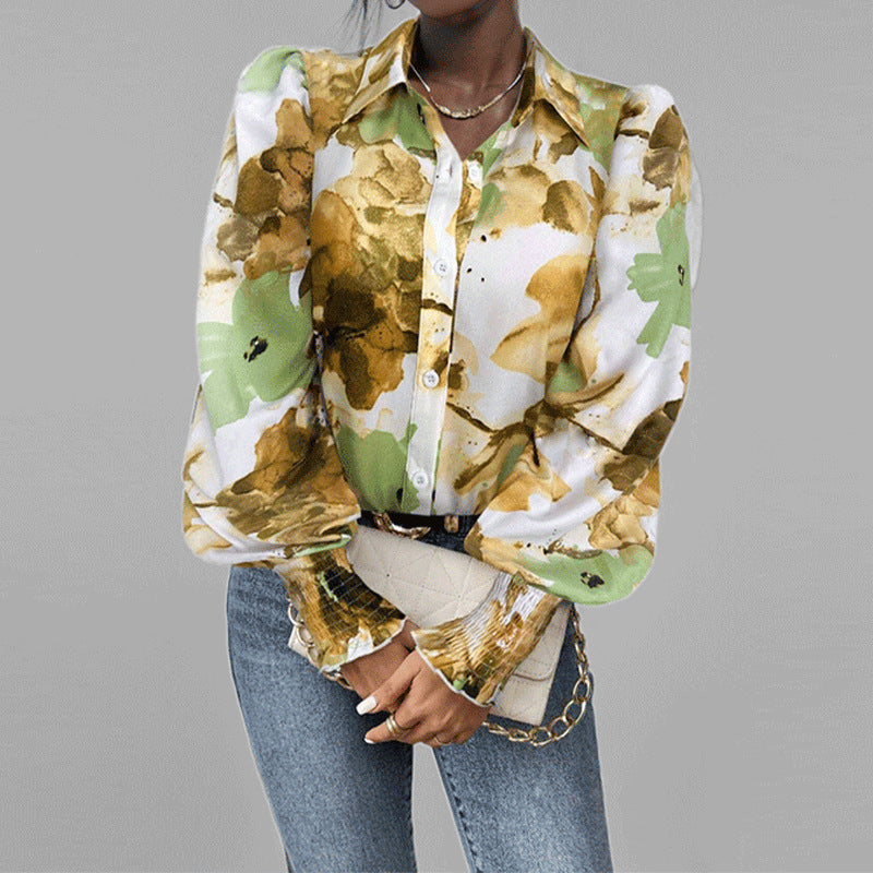 Dam skjorta – Oversized passform – Puffärmar – Blommigt tryck – Smockade muddar