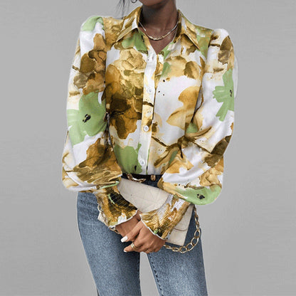 Dam skjorta – Oversized passform – Puffärmar – Blommigt tryck – Smockade muddar