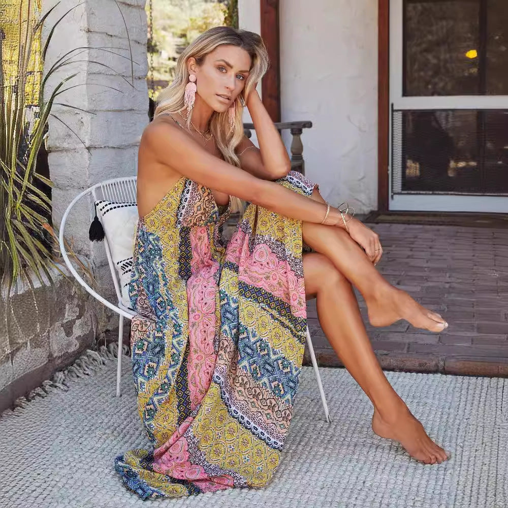 Damklänning maxi – V-ringning – Öppen rygg – Spagettiband – Lätt bomullsblandning