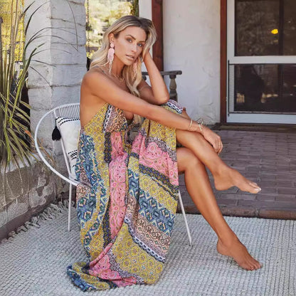 Damklänning maxi – V-ringning – Öppen rygg – Spagettiband – Lätt bomullsblandning