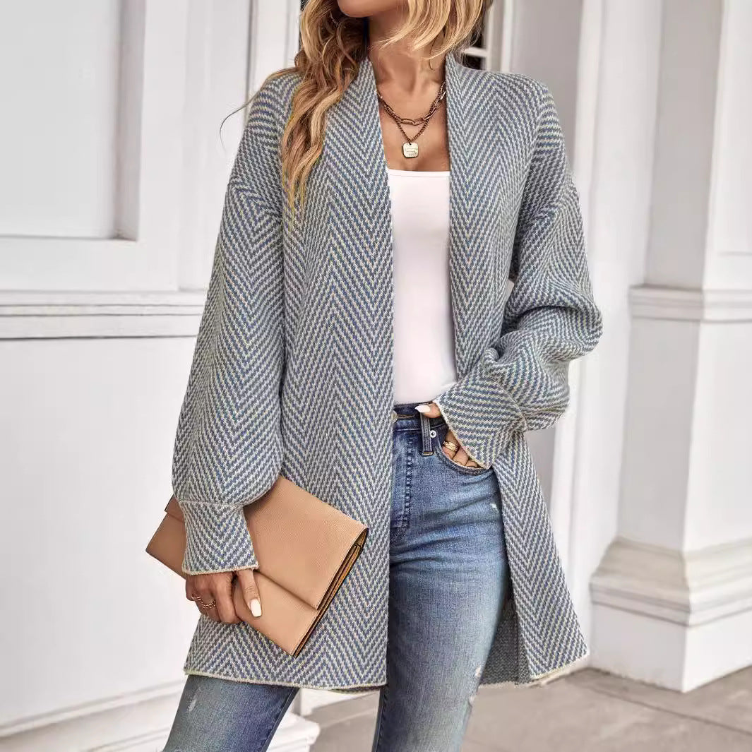 Damkofta – Mjukstickad – Avslappnad Passform – Öppen Front – Fiskbensmönster