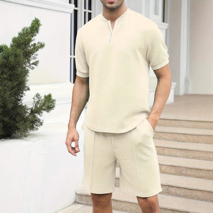 Herrset med zip-tröja och shorts – Avslappnad passform – Lätt och andningsbar waffle-knit