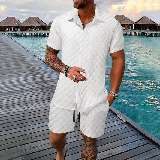 Herr Set med Skjorta och Shorts – Jacquard – Avslappnad Passform – Kortärmad Skjorta