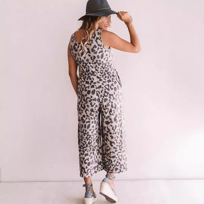 Dam Jumpsuit – Ärmlös – Lös Passform – V-ringning – Vida Ben – Croppad – Leopardmönster