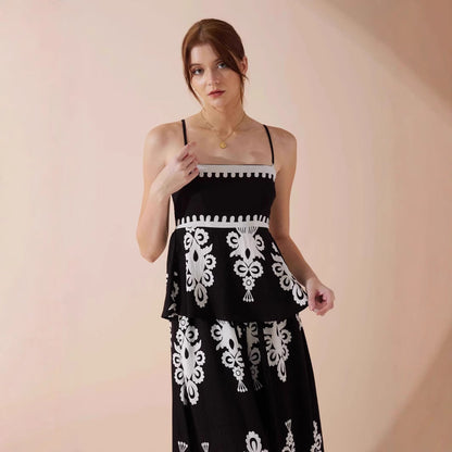 Damset med ärmlös topp och kjol – Peplummodell – Etniskt mönster – Bomull