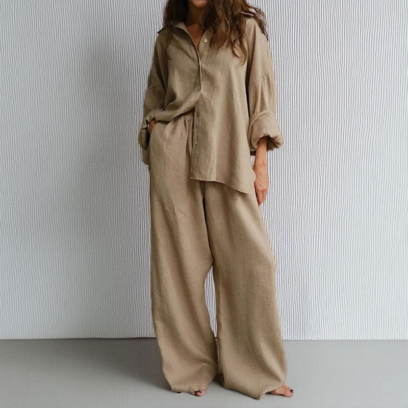 Damset med skjorta och byxor – Linneblandning – Oversize passform – Ledig stil