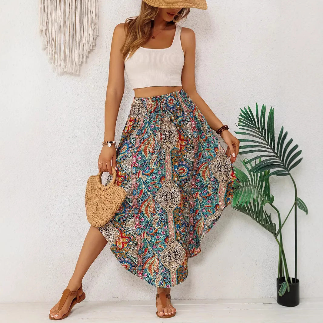 Damkjol – Hög Midja – Flödande A-linje – Justerbar Midja – Bohemiskt Mönster