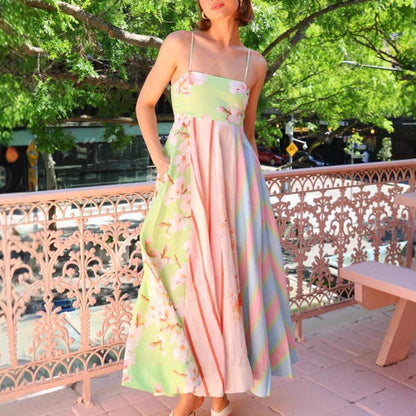 Damklänning maxi – Lätt bomull – Lös passform – Spagettiband – Tryck med ränder