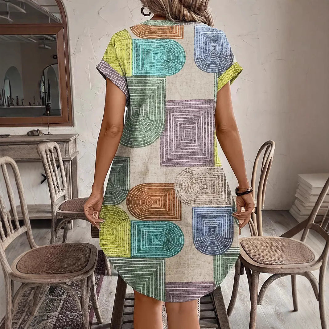 Damklänning – Avslappnad Passform – V-ringning – Kort Ärmar – Andningsbart Tyg