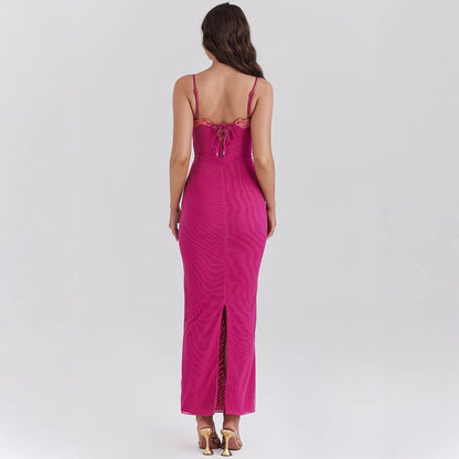 Damklänning maxi – Slim fit – Spetsdetalj – Spagettiband – Skir fåll