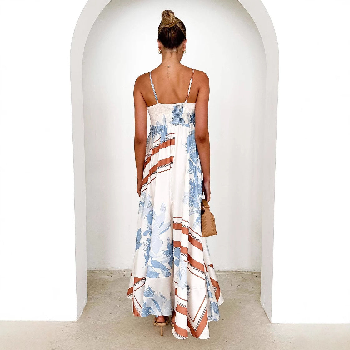 Damklänning – Maxilängd – A-linjeformad – Spagettiband – Rygglös med Blommönster