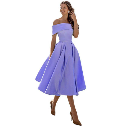 Damklänning – Off-Shoulder – Figurnära Liv – Utställd Kjol – Tealängd Elegant Stil