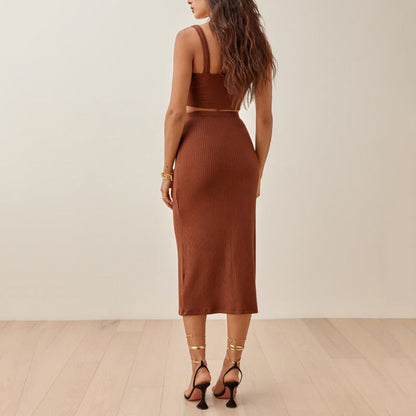 Damset – Ribbstickad Crop Top och Högmidjad Midikjol – Slim Fit