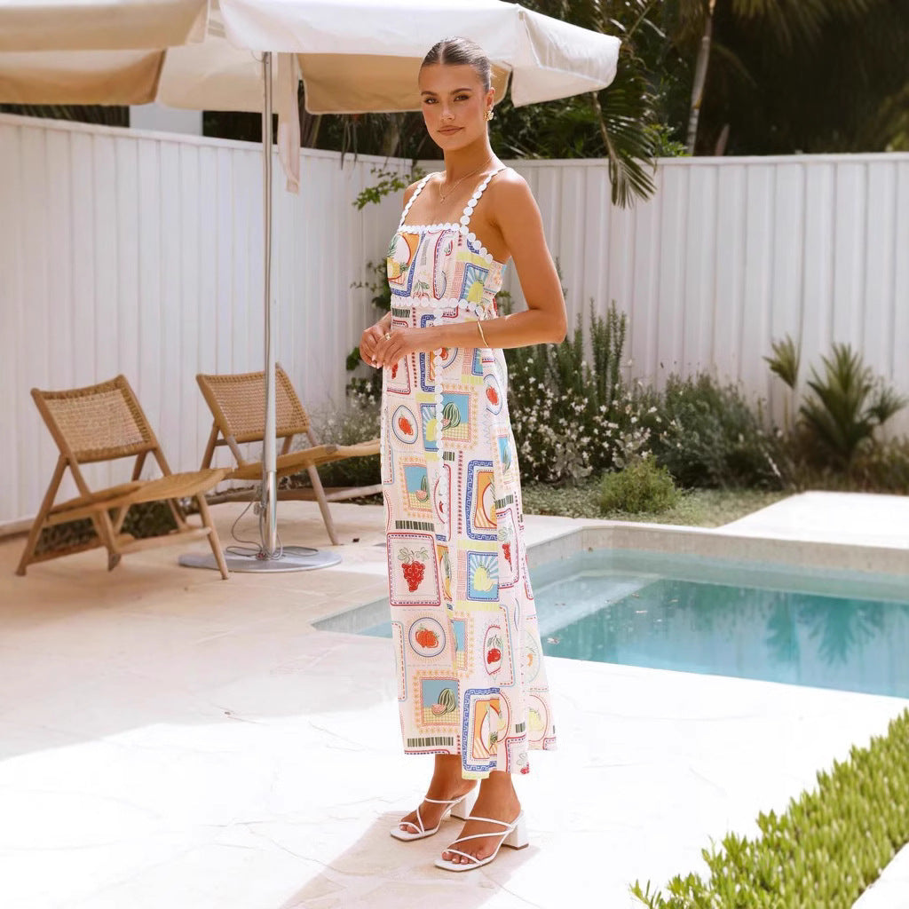 Damklänning maxi – Linneblandning – Geometriskt mönster – Spetsdetalj – Ärmfri avslappnad passform