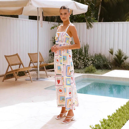 Damklänning maxi – Linneblandning – Geometriskt mönster – Spetsdetalj – Ärmfri avslappnad passform