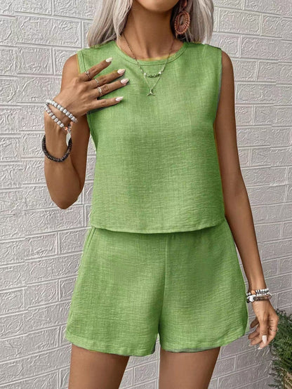 Damset med ärmlös topp och shorts – Avslappnad passform – Lättvävt – Kort modell