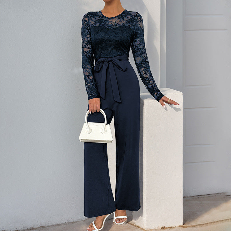 Dam jumpsuit – spetsliv – lång ärm – markerad midja – vida ben – elegant passform