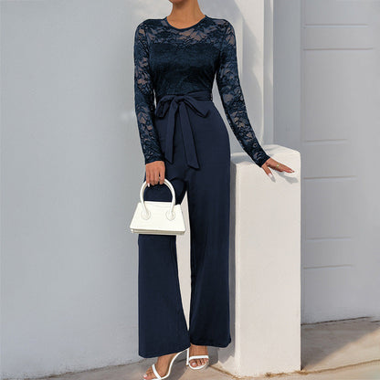 Dam jumpsuit – spetsliv – lång ärm – markerad midja – vida ben – elegant passform