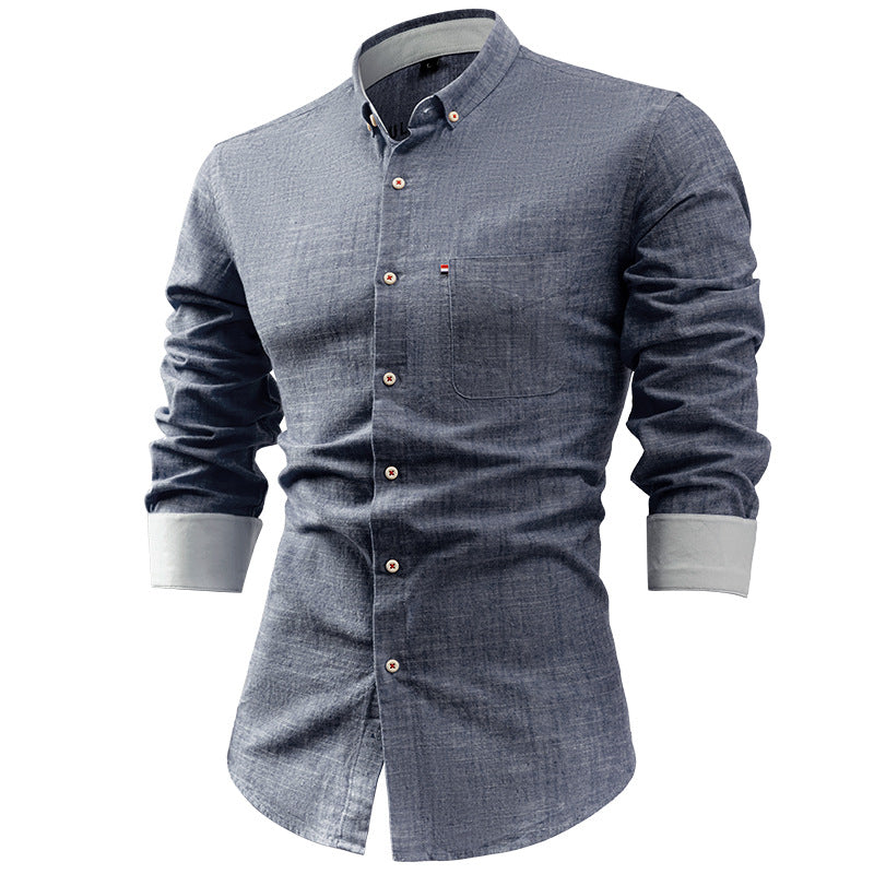 Herrskjorta – Slim Fit – Bomull Linneblandning – Långärmad med Bröstficka