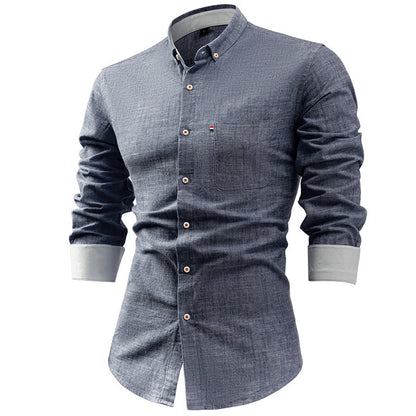 Herrskjorta – Slim Fit – Bomull Linneblandning – Långärmad med Bröstficka