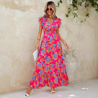 Damklänning maxilängd – Ärmlös – Blommigt tryck – V-ringning – Avslappnad passform