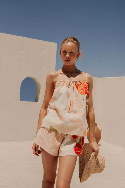 Damlinne – Lös Passform – Bomullsblandning – Spagettiaxelband – Blommigt Mönster