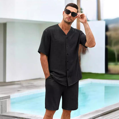 Herr tvådelat set – V-ringad skjorta med knappar och avslappnade shorts i bomull