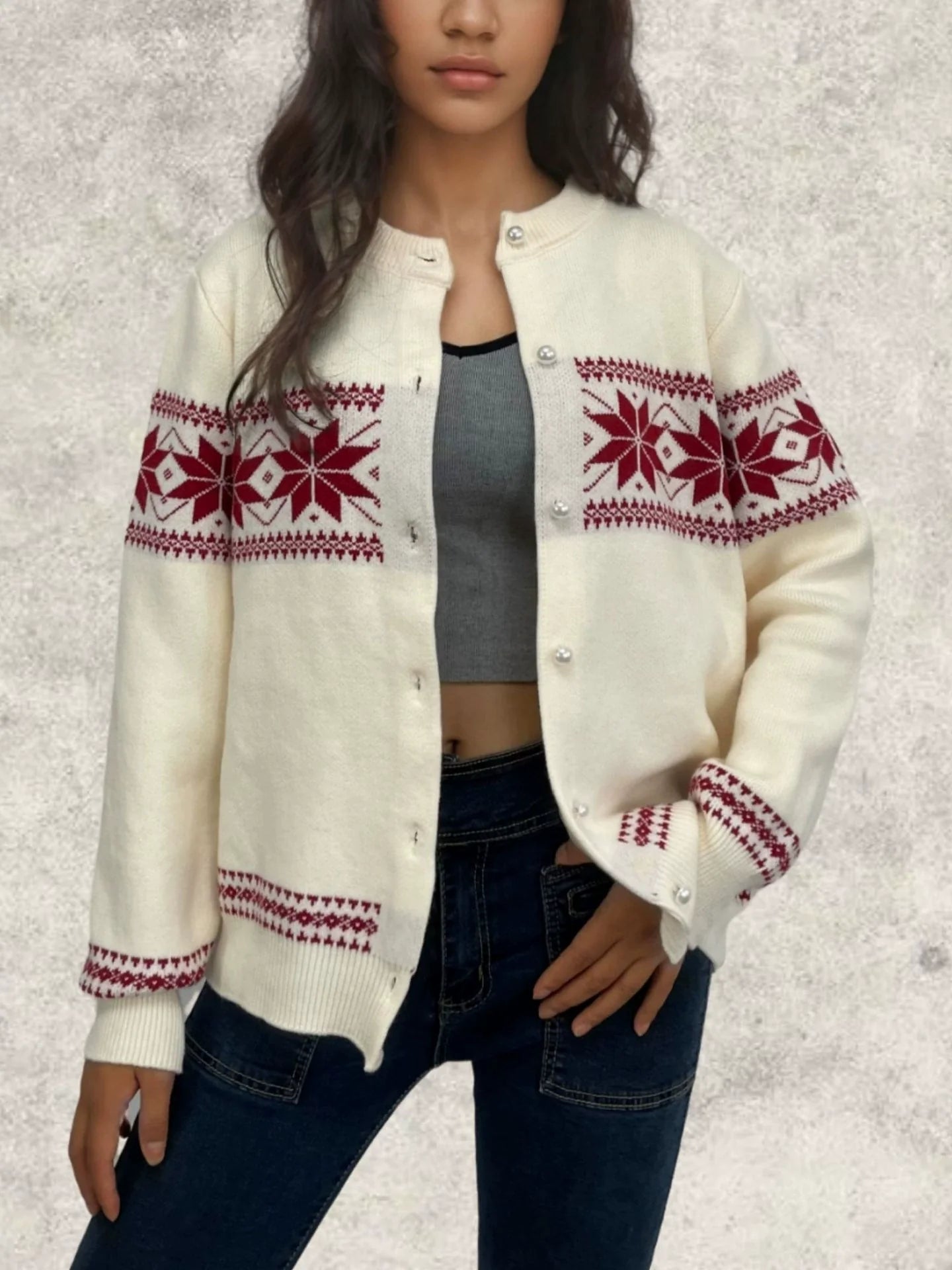 Damkofta – Ullstickad – Normal passform – Snöflingemönster – Knäppning fram