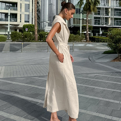 Damklänning – Bomull-linblandning – Ärmös – Midjeband – Hel längd med slits