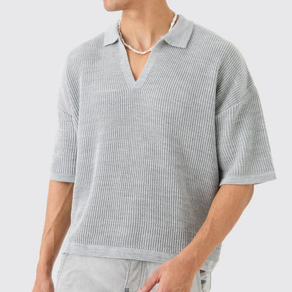 Herr T-shirt – Avslappnad Passform – Texturerad Stickning – V-ringning med Krage