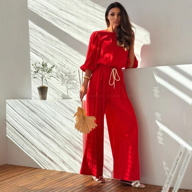 Damset – Lös Topp med Ryggrosett – Vida Byxor med Resårmidja i Andningsbar Mix