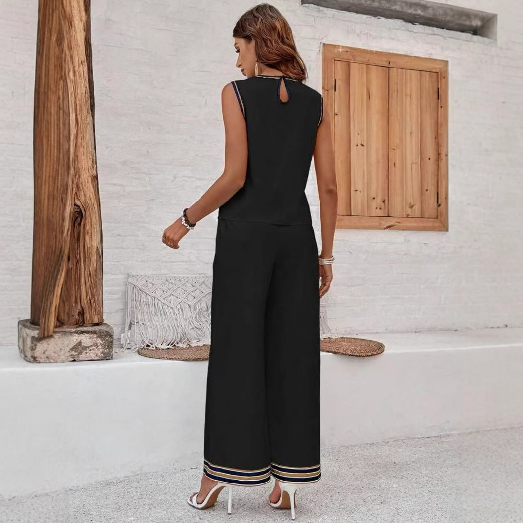 Damset med ärmlös topp och vida byxor – avslappnad passform – mjukt tunt tyg