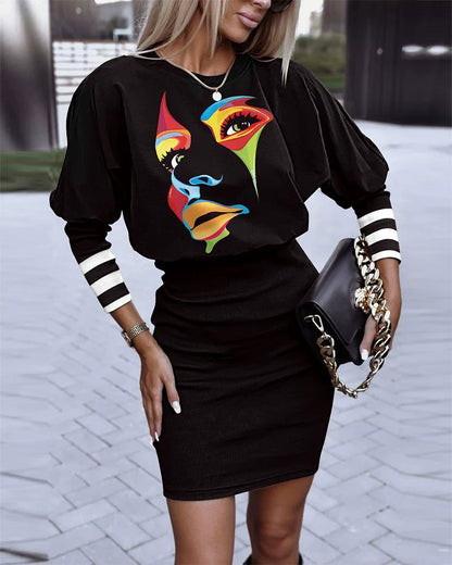 Damklänning i minimodell – Figursydd – Hög midja – Geometriskt mönster – Långärmad