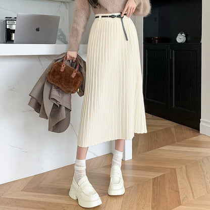 Kjol Dam – Vågveckad – Slim Fit – Ullblandning – Mellanlång med Midjebälte