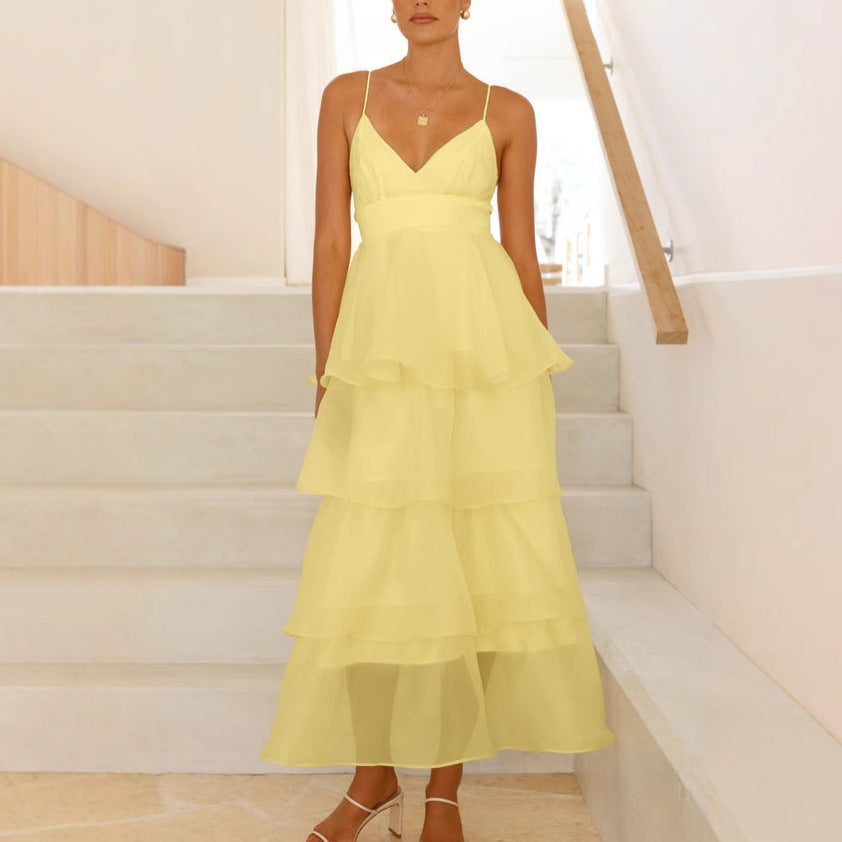 Damklänning Maxi – Luftigt Tyg – V-ringning – Spagettiband – Volanglager