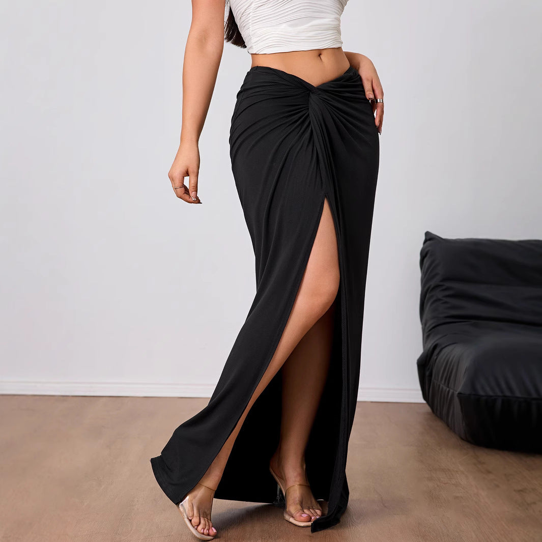 Kjol för dam – Midilängd – Hög midja – Rynkad design – Framslits – Draperad passform